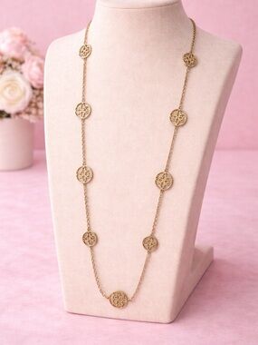 Gold-Tone Long Station Necklace with Filigree Medallions